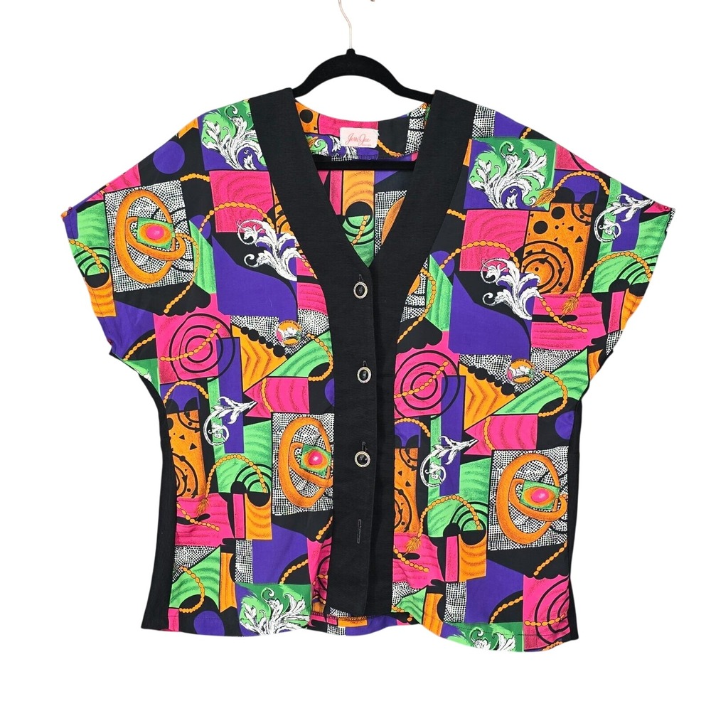Jerri‎ Jee New York Vintage 80s 90s Geometric Baroque Print Short Sleeve Blouse